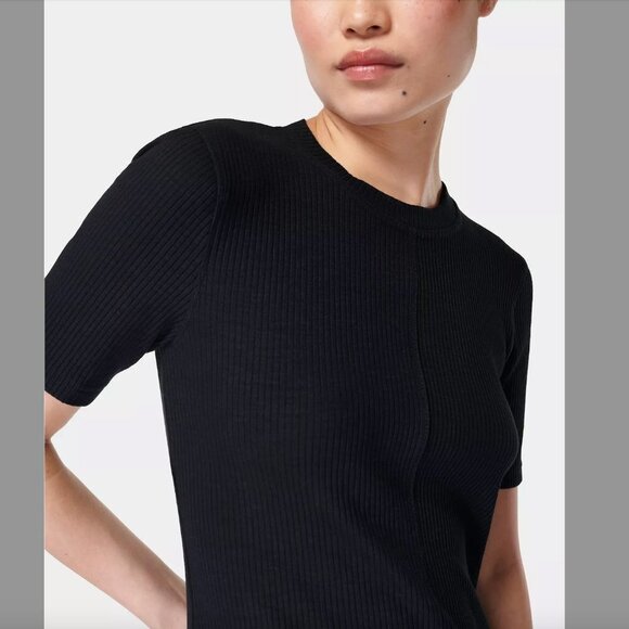 Women's 8 Sweaty Betty Black Ribbed Midi Dress Slim Fit Pleated Lettuce Hem - Picture 3 of 11